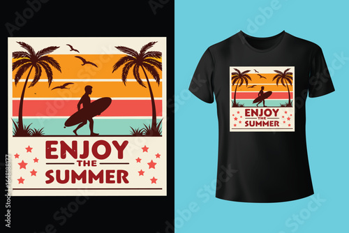 Colorful summer t-shirts on display at a vibrant store during sunny days.	