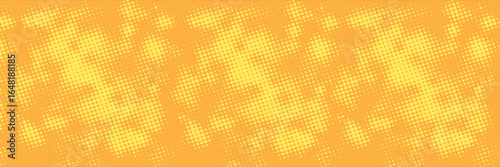 Yellow halftone pattern. Retro comic gradient background. Bright orange pixelated dotted texture overlay. Cartoon pop art faded gradient pattern. Vector backdrop for poster, banner, advertisement