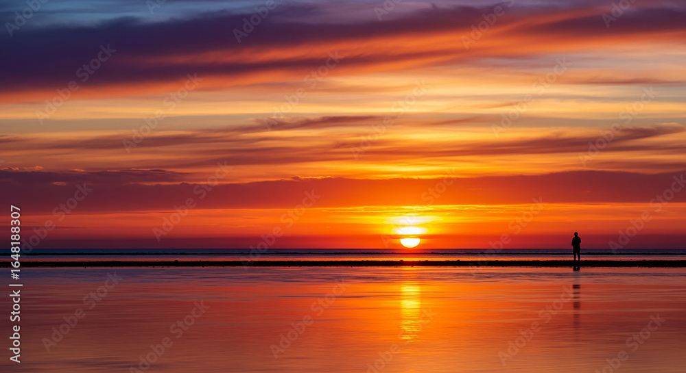 Obraz premium Vibrant Sunset Reflection with a Lone Figure on the Horizon