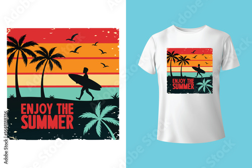 Colorful summer t-shirts on display at a vibrant store during sunny days.	