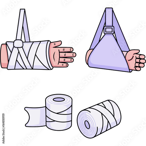 Medical illustration set of an injured arm in a plaster cast and support sling with rolls of bandages for first aid treatment.