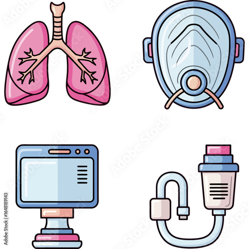 Set of colorful medical icons depicting respiratory therapy, including human lungs, a ventilator mask, and a life support monitor.
