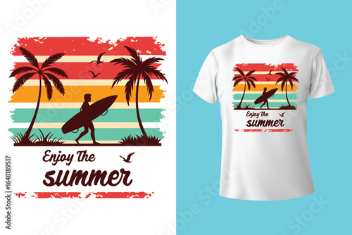 Colorful summer t-shirts on display at a vibrant store during sunny days.	