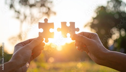 hand of woman connecting jigsaw puzzle Business solutions, success