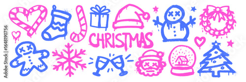Christmas holiday graffiti doodle crayon with hearts, candy canes, gingerbread, snowman, Santa, tree, gifts and wreath