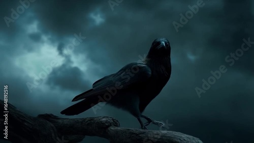 A dark crow perched on a branch against a stormy sky at night with glowing red eyes looking forward bird video