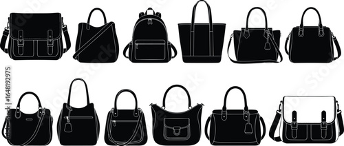 Bag silhouette vector set, backpacks, totes, handbags, messenger and shoulder bags, fashion accessory icons, minimal design illustration
