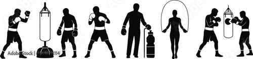 Boxing training silhouette set, fighters, coach, punching bags, skipping rope, boxing exercise icons, combat sport vector illustration