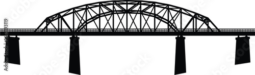Bridge silhouette vector, truss design with arch, black and white illustration, railway or road bridge, architectural structure, infrastructure icon