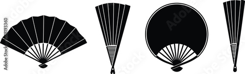 Traditional hand fan silhouette set, folding and round styles, East Asian design, black vector icons, cultural accessory illustration pack