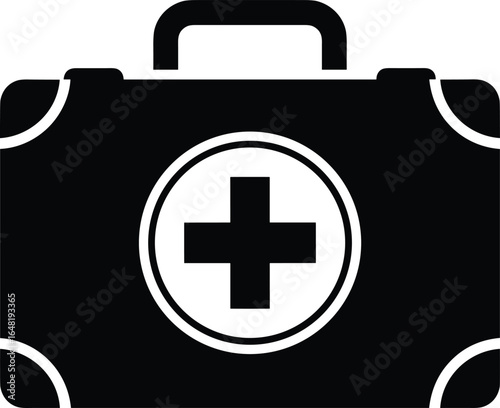 First aid kit icon, black and white medical box, emergency health symbol, cross in circle, healthcare vector illustration