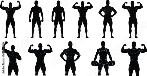 Muscular male silhouette vector set, bodybuilding poses, flexing arms, fitness icons, gym workout illustration, anatomy reference shapes