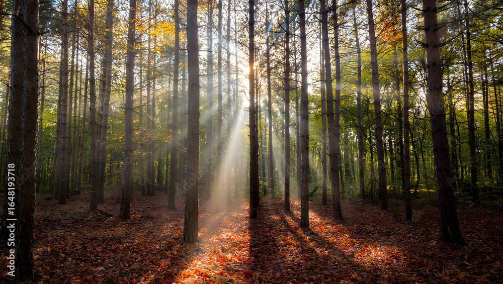 Fototapeta premium Serene Autumn Forest: Sunbeams Illuminate Misty Pine Trees and Fallen Leaves