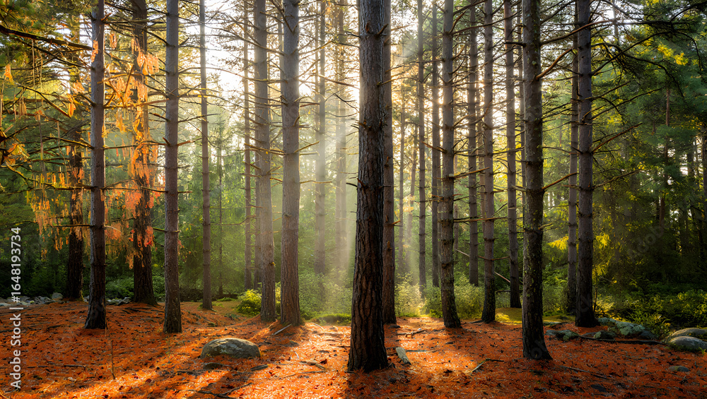 Fototapeta premium Serene Autumn Forest: Sunbeams Illuminate Pine Trees, Golden Needles Carpet Forest Floor