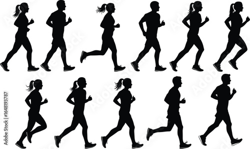 Running silhouette set, male and female runners, dynamic motion poses, athletic stride stages, sports vector, human movement, fitness, animation reference