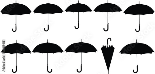 Umbrella silhouette vector set, open and closed icons, damaged umbrella detail, black minimal shapes, rainy weather symbols, graphic elements
