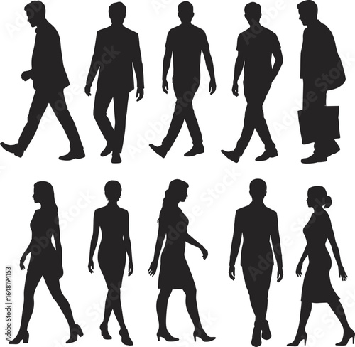 Walking silhouette set, male and female figures, business attire vector, posture study, briefcase icons, motion poses, fashion design reference
