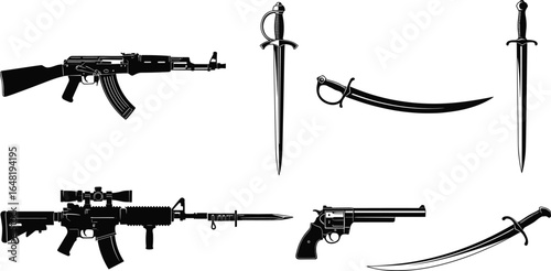 Weapon silhouette vector set, rifles, swords, revolver, curved saber, black icons, military and combat tools, firearm and blade designs