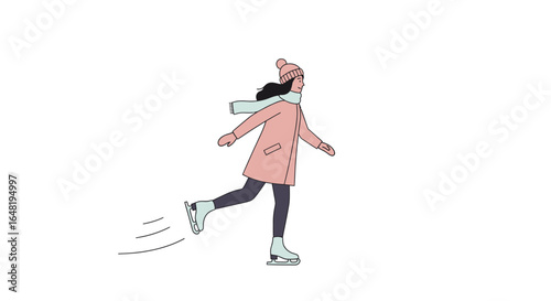 Modern Vector Illustration of Ice Skater with Pink Coat and Blue Scarf in Minimalist Style Winter Scene