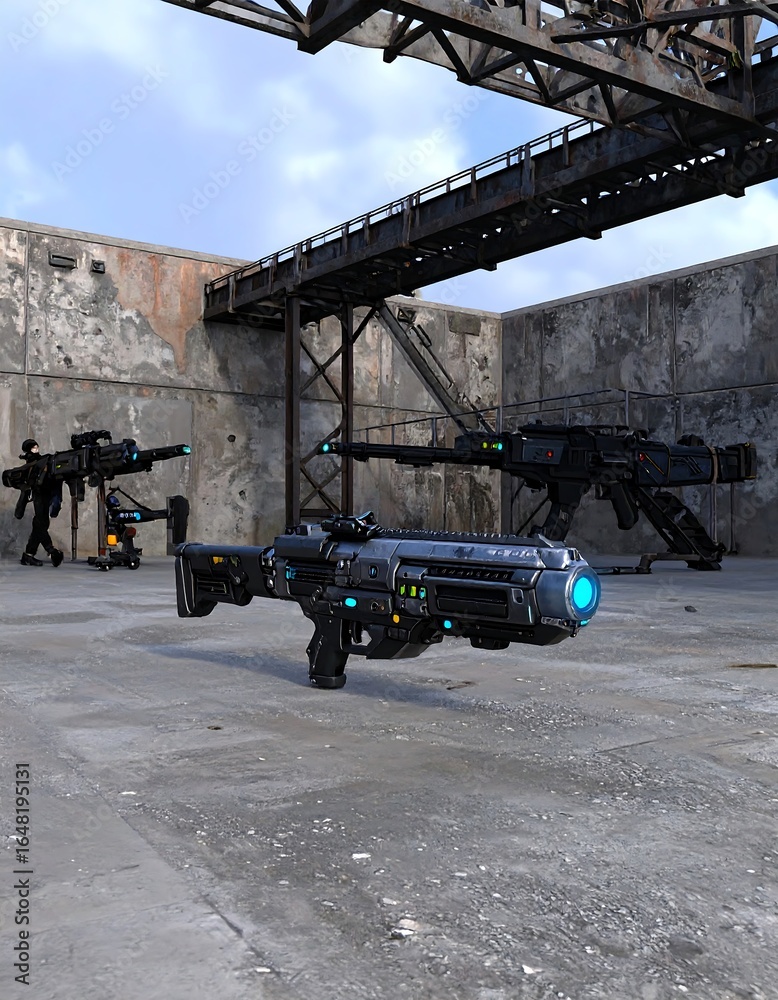 Fototapeta premium Futuristic weapons in a gritty industrial setting