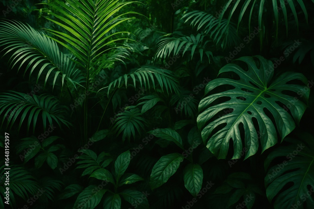 Fototapeta premium Lush tropical paradise featuring exotic palm fronds and monstera leaves in emerald rainforest setting