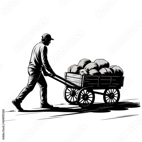 Farmer pushing a cart full of harvest isolated on white background