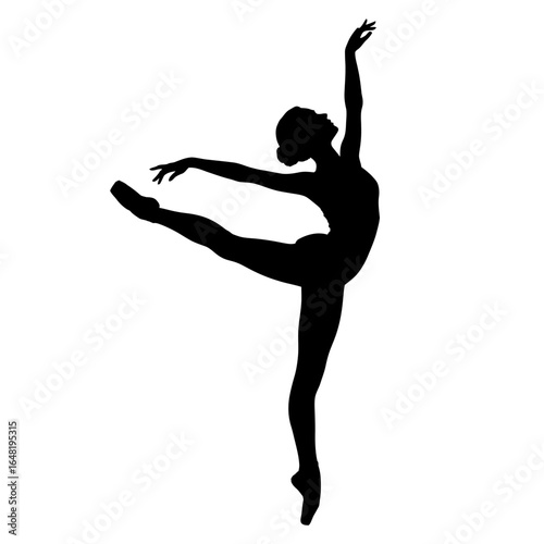 Graceful silhouette of a ballerina performing an arabesque dance pose with elegance white background