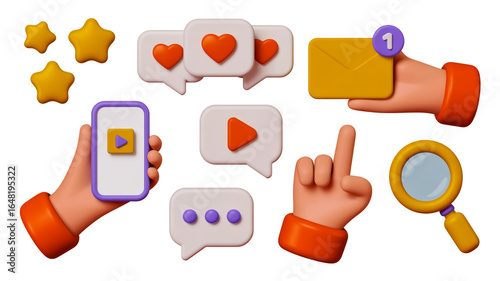 3D cartoon-style social media icons, soft colors, white background, communication