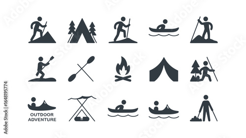 Collection of outdoor adventure icons isolated on white background