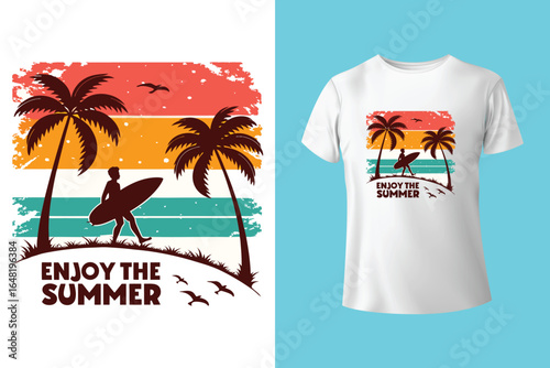 Colorful summer t-shirts on display at a vibrant store during sunny days.	