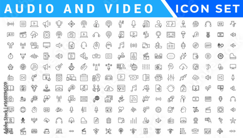 Audio and video web icons set in thin line design. Pack of camera movie, voice, radio, music streaming, photography, headphones, cinema, podcast, broadcasting, other.