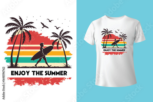 Colorful summer t-shirts on display at a vibrant store during sunny days.	
