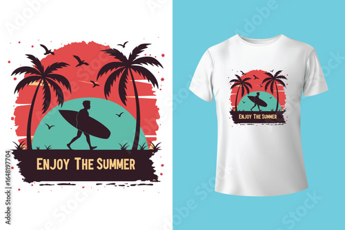 Colorful summer t-shirts on display at a vibrant store during sunny days.	