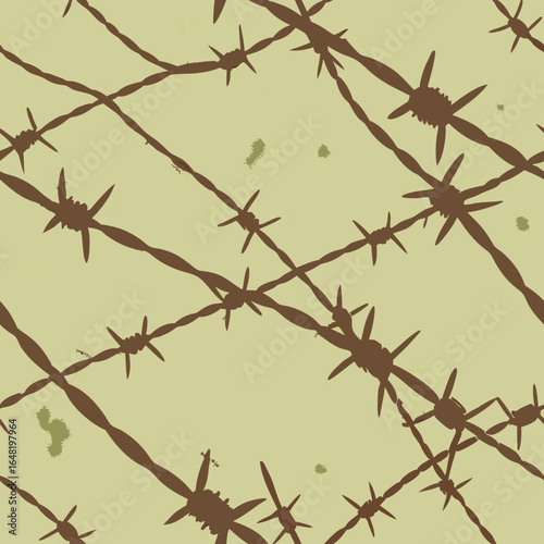 Gritty grunge pattern featuring layered textures and worn-out effects in muddy brown and olive green against a rusted metal background, accented with broken glass and barbed wire.