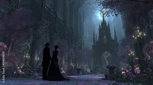 A couple stands holding hands in a gothic cathedral garden with blossoming trees and gothic architecture