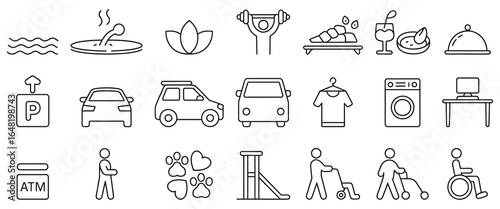 Essential service icons for modern living, fitness, relaxation, and accessibility in a clean line art style.