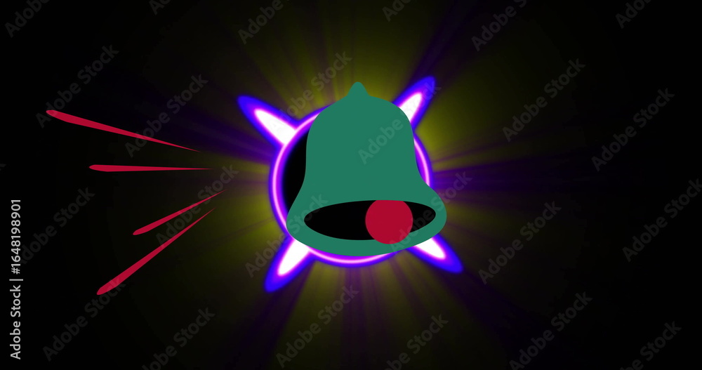 Fototapeta premium Flashing green bell icon in abstract space, with red dot, purple stars, green halo, red streaks