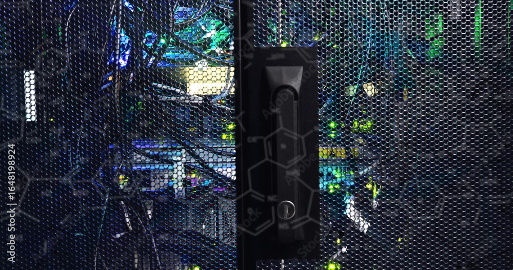 Naklejka premium Highlighting black vertical latch locking perforated cabinet door in data center, with green LEDs