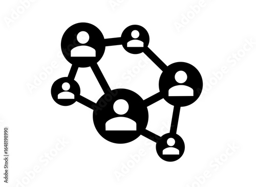 A black silhouette icon of a network connected to a user profile symbol within a circle, representing social connections, communication, teamwork, and digital networking. A minimalist vector style, id