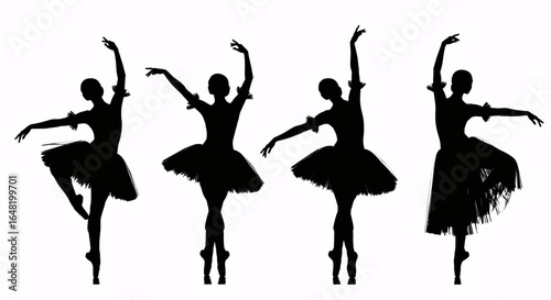 Four silhouetted ballerinas in various graceful dance poses, showcasing elegant movement.