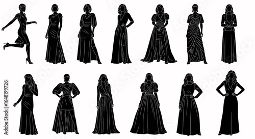 Silhouette collection of women in various elegant dresses showcasing different styles and designs elegantly posed