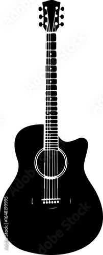 Acoustic guitar silhouette with strings and tuning pegs displayed in a black and white image style