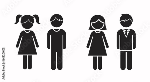 Illustration of four figures depicting two girls and two boys in black color isolated on white background