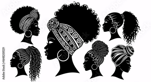 Silhouettes of african american women with different hairstyles and head wraps in black and white