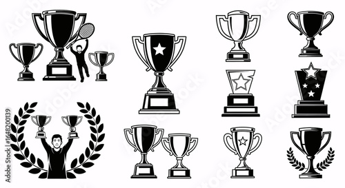 Illustration showing a collection of trophies with various designs and a tennis player celebrating victory