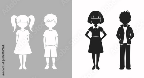 Vector illustration of children and teenagers as white outlines and black silhouettes, representing different age groups.
