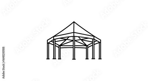 Illustration of an octagonal structure with a pointed roof and supporting beams in black outline style