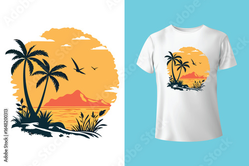 Colorful summer t-shirts on display at a vibrant store during sunny days.	