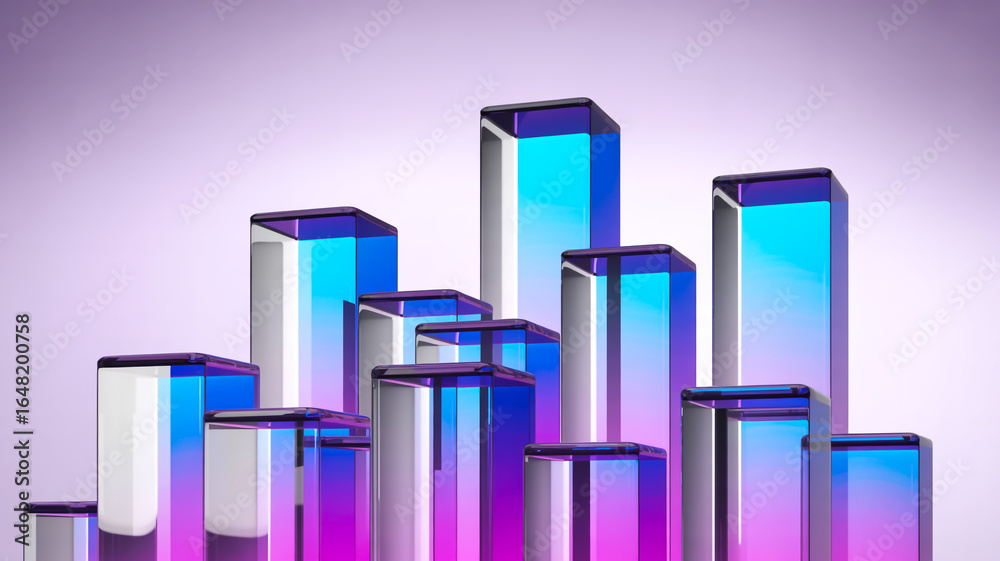 Fototapeta premium 3D holographic glass blocks, iridescent, staggered, purple gradient, glossy reflections
