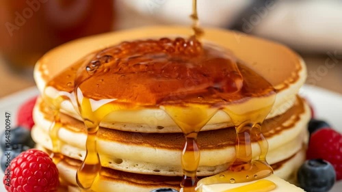 Golden Syrup Drizzled onto Stacked Pancakes with Berries and Butter